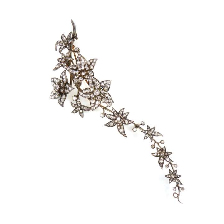 Diamond tremblant hanging spray of flowers brooch